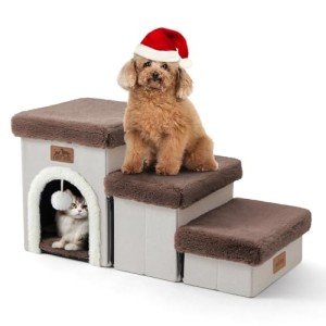 COZY KISS Dog Stairs for Small Dogs with Storage and Condo, 14" H Foldable Pet Stairs for Small Medium or Puppy Dogs and Older Cats, Dog Steps for Bed or Couch, 13x27x14 inch, 3 Tiers, Brown