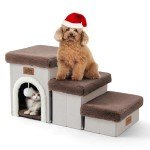 COZY KISS Dog Stairs for Small Dogs with Storage and Condo, 14" H Foldable Pet Stairs for Small Medium or Puppy Dogs and Older Cats, Dog Steps for Bed or Couch, 13x27x14 inch, 3 Tiers, Brown