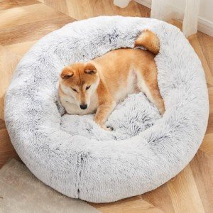 Sweetcrispy Calming Donut Dog & Cat Bed, Machine Washable Cuddle Warming Cozy Fluffy Faux Fur Plush Round Dog Bed, Anti-Anxiety Waterproof Anti-Slip Pet Bed for Small Medium Dogs and Cats,20 inches