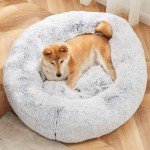 Sweetcrispy Calming Donut Dog & Cat Bed, Machine Washable Cuddle Warming Cozy Fluffy Faux Fur Plush Round Dog Bed, Anti-Anxiety Waterproof Anti-Slip Pet Bed for Small Medium Dogs and Cats,20 inches