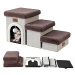 COZY KISS Dog Stairs for Small Dogs with Storage and Condo, 14" H Foldable Pet Stairs for Small Medium or Puppy Dogs and Older Cats, Dog Steps for Bed or Couch, 13x27x14 inch, 3 Tiers, Brown