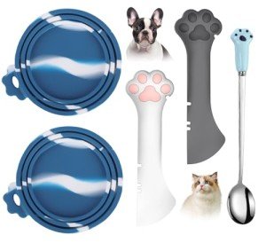 Comtim 5 PCS Pet Food Can Lids & Spoons Set - Silicone Dog Cat Food Can Covers Lids Top/Multi-Function Cat Food Spoon Spatula Can Opener for Wet Food/Long Handle Spoon Easy to Scoop Food