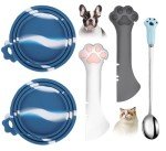 Comtim 5 PCS Pet Food Can Lids & Spoons Set - Silicone Dog Cat Food Can Covers Lids Top/Multi-Function Cat Food Spoon Spatula Can Opener for Wet Food/Long Handle Spoon Easy to Scoop Food