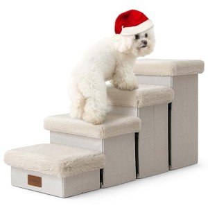 COZY KISS Dog Stair for Small Dogs with Storage, 17.7" H Foldable Pet Step with Soft Cover, Older Cat Ramp for Couch Sofa Bed, Lightweight, Comfort, 33x13x17.7 inch, 4 Tiers, Beige