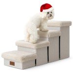 COZY KISS Dog Stair for Small Dogs with Storage, 17.7" H Foldable Pet Step with Soft Cover, Older Cat Ramp for Couch Sofa Bed, Lightweight, Comfort, 33x13x17.7 inch, 4 Tiers, Beige
