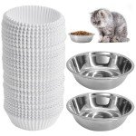 letesult 300PCS Disposable Cat Food Bowls & 2PCS Stainless Steel Cat Bowls - Pets Disposable Feeding Bowls Small Paper Cat Plates for Wet Food Disposable Bowls for Cat Dog Feeding Station