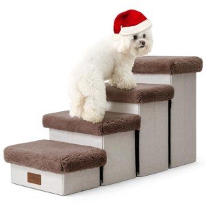 COZY KISS Dog Stair for Small Dogs with Storage, Foldable Pet Stairs for Medium or Puppy Dogs and Older Cats, Dog Steps for Bed or Couch, Dog Ramp with Soft Cover, 33x13x17.7 inch, 4 Tiers, Brown