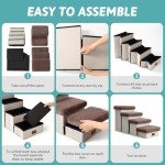 COZY KISS Dog Stair for Small Dogs with Storage, Foldable Pet Stairs for Medium or Puppy Dogs and Older Cats, Dog Steps for Bed or Couch, Dog Ramp with Soft Cover, 33x13x17.7 inch, 4 Tiers, Brown