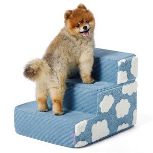 Lesure Dog Stairs for Small Dogs 13.5" H 3-Step Foam Pet Steps Foldable for Bed Couch and Sofa Chairs Jacquard Shaggy Plush for Cats with Supporting Board and Non-Slip Bottom, Light Blue