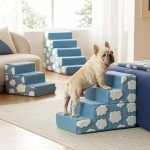 Lesure Dog Stairs for Small Dogs 13.5" H 3-Step Foam Pet Steps Foldable for Bed Couch and Sofa Chairs Jacquard Shaggy Plush for Cats with Supporting Board and Non-Slip Bottom, Light Blue