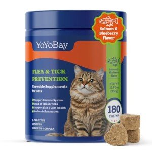 YoYoBay Flea and Tick Prevention for Cats Chewable - 180 Soft Chews, Salmon & Blueberry Flavor - Cats Flea and Tick Treatment Chewable, Natural Defense - Cats Immune Support Supplement