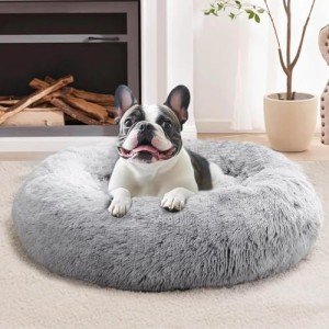 JOLLYVOGUE Donut Dog Bed, Comfort Round Dog Bed, Anti-Anxiety Calming Cuddler Dog & Cat Bed, Fluffy Faux Fur Cushion Bed for Small Medium Dogs and Cats, 20"
