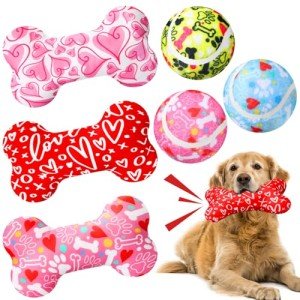 6 Pcs Valentine's Day Dog Toys Puppy Tennis Balls and Dog Squeaky Bone Toys Plush Interactive Pet Toys for Small Medium Large Dog Plush Chew Toys Puppy Training Toss Playing Gift