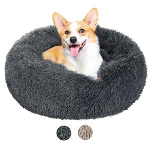 VavoPaw Round Dog Bed for Small Dogs, Donut Cuddler Plush Cat Calming Bed with Machine Washable, Non-Slip Fluffy Dog & Cat Calming Cushion Bed for Joint-Relief and Sleep Improvement, M Size, Dark Grey