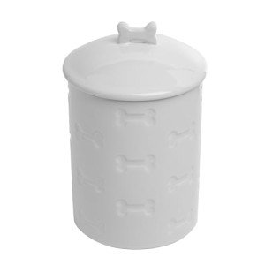 Park Life Designs Ceramic Treat Jar, Kitchen Countertop Container for Dogs, Cats, Puppies and More, Chic Container with Airtight Lid for Cookies, Biscuits and Treats (Manor) (Bones, White, 1.4 Qt)