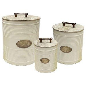 nu steel metal Ribbed Ivory 3 Pc set Jumbo Pet Canister with Golden PAW Plaque, Dog Food Treat Storage Container Jar with wooden Lid with sturdy bone handle, Tight Fitting Lids for Dog Biscuit Cookies