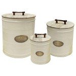 nu steel metal Ribbed Ivory 3 Pc set Jumbo Pet Canister with Golden PAW Plaque, Dog Food Treat Storage Container Jar with wooden Lid with sturdy bone handle, Tight Fitting Lids for Dog Biscuit Cookies