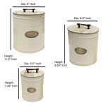nu steel metal Ribbed Ivory 3 Pc set Jumbo Pet Canister with Golden PAW Plaque, Dog Food Treat Storage Container Jar with wooden Lid with sturdy bone handle, Tight Fitting Lids for Dog Biscuit Cookies