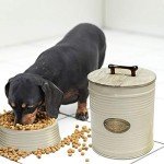 nu steel metal Ribbed Ivory 3 Pc set Jumbo Pet Canister with Golden PAW Plaque, Dog Food Treat Storage Container Jar with wooden Lid with sturdy bone handle, Tight Fitting Lids for Dog Biscuit Cookies