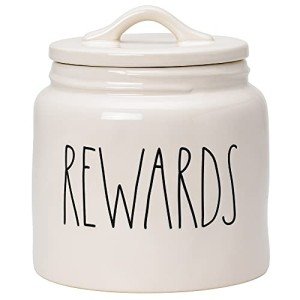 Rae Dunn Ceramic Cookie Jar, Dog Biscuit Kitchen Canister with Lid, Hand-Lettered “Rewards” Snack Jar