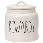 Rae Dunn Ceramic Cookie Jar, Dog Biscuit Kitchen Canister with Lid, Hand-Lettered “Rewards” Snack Jar