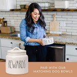 Rae Dunn Ceramic Cookie Jar, Dog Biscuit Kitchen Canister with Lid, Hand-Lettered “Rewards” Snack Jar