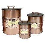 nu steel metal hammered copper 3 Pc set Jumbo Pet Canister with sturdy bone plaque, Dog Food Treat Storage Container Jar with wooden Lid with bone handle, Tight Fitting Lids for Dog Biscuit Cookies