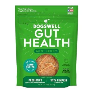 DOGSWELL Gut Health Mini Jerky Functional Dog Treats, Lamb 4 oz. Bag