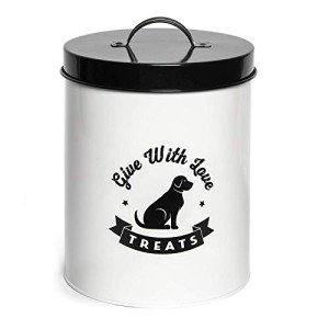 Park Life Designs - Metal Pet Treat Jar with Airtight Lid for Dogs, Cats, Puppies and More, Chic Kitchen Countertop Container for Cookies, Biscuits and Treats (Gourmet Biscuits, White, 2.25 Qt)