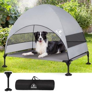 Elevated Outdoor Dog Bed with Canopy, Raised Dog Cot with Stable 360°Adjustable Feet, Dog Camping Bed with Larger Shade, Lifted Dog Tent Bed with Canopy for Outside Camping, Backyard, Patio & Park