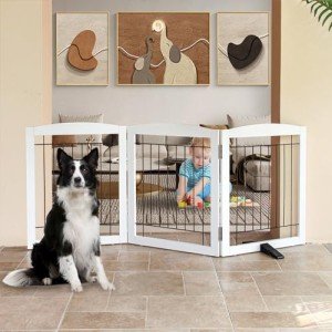 Dog Fence Indoor - 3-Panel Freestanding Dog Gate for Doorways, Hallways, House or Stairs -60x24-Inch Retractable Foldable Expandable Wood Dog Pet by SFJC (White) ﻿