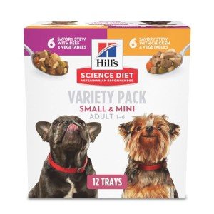 Hill's Science Diet Small & Mini, Adult 1-6, Small & Mini Breeds Premium Nutrition, Wet Dog Food, Variety Case: Chicken & Vegetables; Salmon & Vegetables Stew, 3.5 oz Tray Variety Case, Case of 12