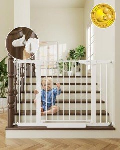 Cumbor 29.7-46" Baby Gate for Stairs, Mom's Choice Awards Winner-Auto Close Dog Gate for the House, Easy Install Pressure Mounted Pet Gates for Doorways, Easy Walk Thru Wide Safety Gate for Dog, White