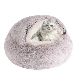 Round Hooded Cat Bed & Dog Bed with Cover Cave, Dog Bed for Small Dogs, Faux Fur Cuddler Round Coved Cat Bed Self Warming Donut Dog Bed Fits up to 5 lbs Pets(Coffee, 16inch x 16inch)