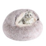 Round Hooded Cat Bed & Dog Bed with Cover Cave, Dog Bed for Small Dogs, Faux Fur Cuddler Round Coved Cat Bed Self Warming Donut Dog Bed Fits up to 5 lbs Pets(Coffee, 16inch x 16inch)