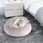 Round Hooded Cat Bed & Dog Bed with Cover Cave, Dog Bed for Small Dogs, Faux Fur Cuddler Round Coved Cat Bed Self Warming Donut Dog Bed Fits up to 5 lbs Pets(Coffee, 16inch x 16inch)