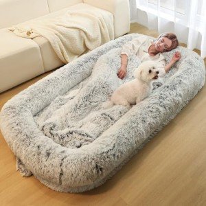 Murago Human Dog Bed for Adults, 75" Long Human Size Dog Bed, Washable, Waterproof, Extra Firm Orthopedic Design, Faux Fur [Light Grey]