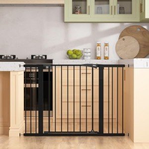 keny 29.7"-46" Baby Gate for Stairs, Auto Close Dog Gates for Doorways, Pressured Mounted No Drilling Pet Gate Extra Wide, Easy Walk Thru Stair Gate, 30" Tall, Black