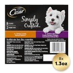 CESAR SIMPLY CRAFTED Adult Wet Dog Food Meal Topper Variety Pack, Chicken, Duck, Purple Potatoes, Pumpkin, Green Beans & Brown Rice and Chicken, Carrots, Barley & Spinach, 1.3 oz. Tubs, Pack of 8