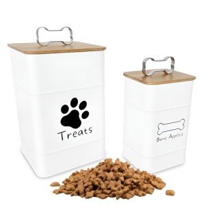 Dog Treat Container w/ Airtight Bamboo Lid 2 Pack - Farmhouse Large Treats Jar - Dog Treat Jars for Kitchen Counter - Dog Treat Jar - Metal Canister for Cookies & Biscuits - Pet Treat Container