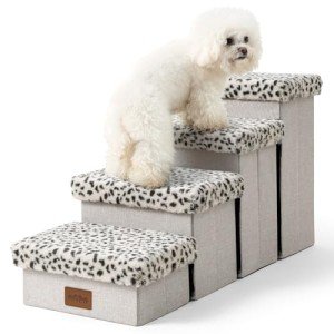 COZY KISS Dog Stair for Small Dogs with Storage, 17.7" H Foldable Pet Step with Soft Leakproof Cover, Older Cat Ramp for Couch Sofa Bed, Lightweight, Comfort, 33x13x17.7 inch, 4 Tiers, Leopard