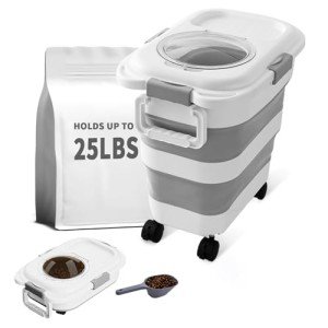 nxizoli 25 Lbs Dog Food Storage Container, Collapsible Dog Food Container with Scoop for Pet/Dog/Cat/Bird Food,Keep Dry Food Fresh,Easy to Move (White)
