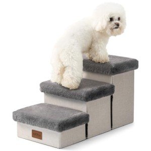 COZY KISS Dog Stair for Small Dogs with Storage, 13.6" H Foldable Pet Step with Soft Leakproof Cover, Older Cat Ramp for Chair Couch Sofa, Lightweight, Comfort, 24.8x13x13.6 inch, 3 Tiers, Grey