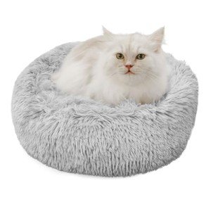 Adbsnxgz Cat Beds for Indoor Cats, Calming Soft Plush Donut Cuddler Cushion, 15 inches Dog Bed Machine Washable, Fluffy Round Pet Bed Non-Slip for 3Kg Pet, Light Grey ﻿