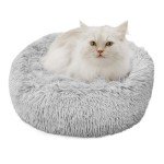 Adbsnxgz Cat Beds for Indoor Cats, Calming Soft Plush Donut Cuddler Cushion, 15 inches Dog Bed Machine Washable, Fluffy Round Pet Bed Non-Slip for 3Kg Pet, Light Grey ﻿