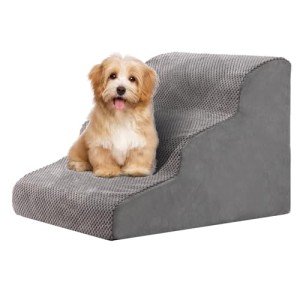 3 Steps Dog Stairs for Small Dogs, 15.7 inch High Pet Stairs, 30D Foam Dog Dtairs & Steps, Curved Steps and Small Step Angle Protect Your Pet's Joints, Dog Ramp for Bed，with Non-Slip Bottom, Grey