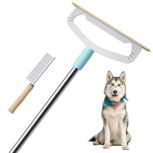oaknovila Large Metal Carpet Rake Pet Hair Removal Tool – 58” Handle Thicker Poles 12” Wide Dog Cat Hair Remover– 4 Length Adjustable Pro Pet Hair Removal Broom, Stairs Rug Carpet Brush