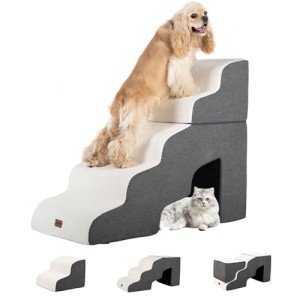 Garnpet Dog Stairs for High Beds with Tunnel, 5-Step Dog Steps for Small Dogs and Cats, Foldable Pet Stairs for High Bed Climbing, Non-Slip Balanced Pet Step Indoor, Beige