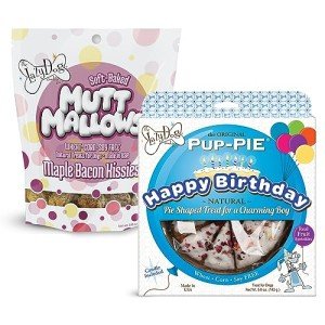 The Lazy Dog Cookie Co. Original Pup-Pie Happy Birthday for A Charming Boy Dog Biscuits, 6 in, 5 oz, & Mutt Mallows Maple Bacon Kissies Soft Baked Treats, 5 oz, Wheat-Free, Baked in The USA