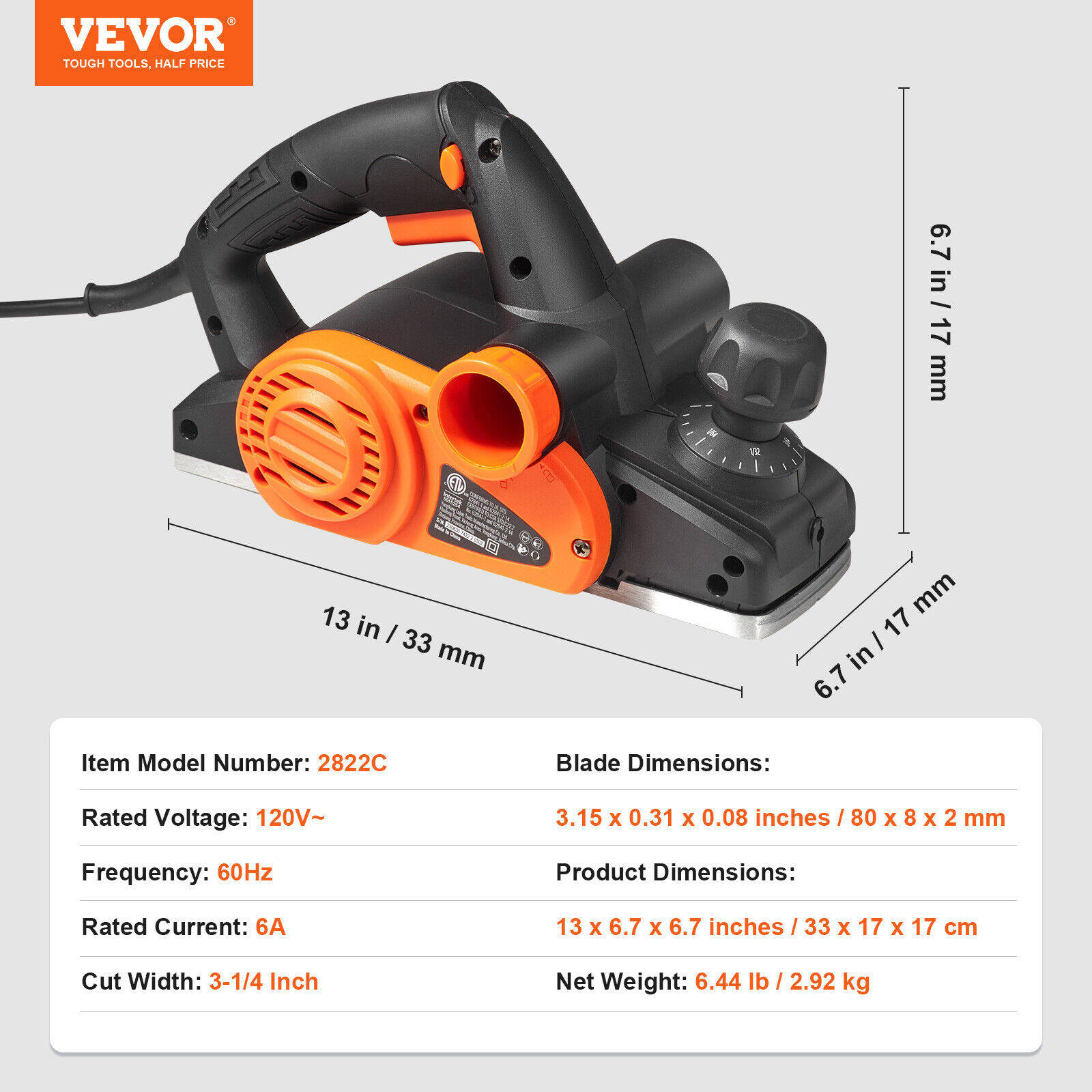 VEVOR Electric Hand Planer 3-1/4" for Woodworking
